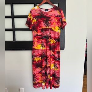 Vintage Hawaiian Maxi Dress Mumu Tropical Sunset Resortwear Vibrant Hula Size XL